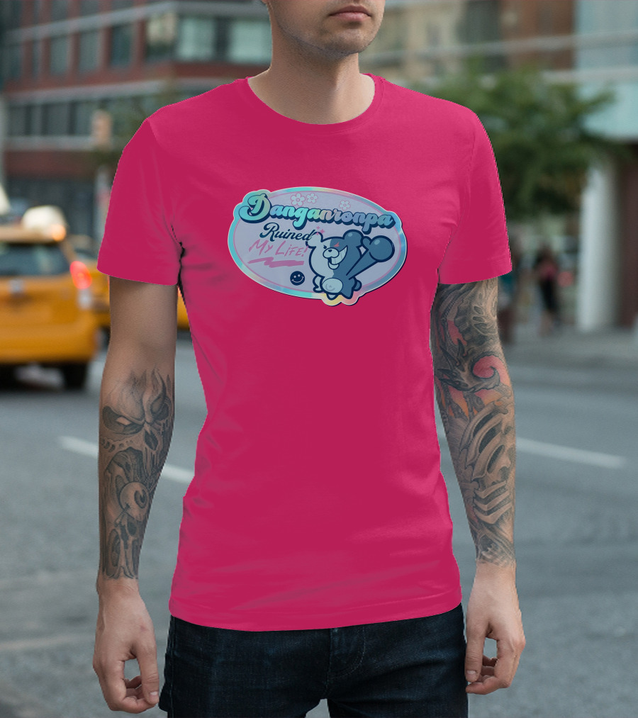 Danganronpa Ruined My Life Monokuma Smiley Pink Flowers T-Shirt