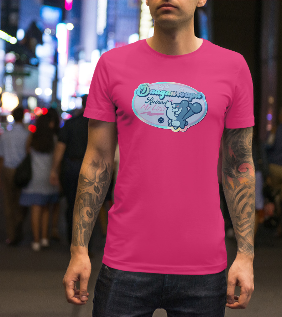 Danganronpa Ruined My Life Monokuma Smiley Pink Flowers T-Shirt