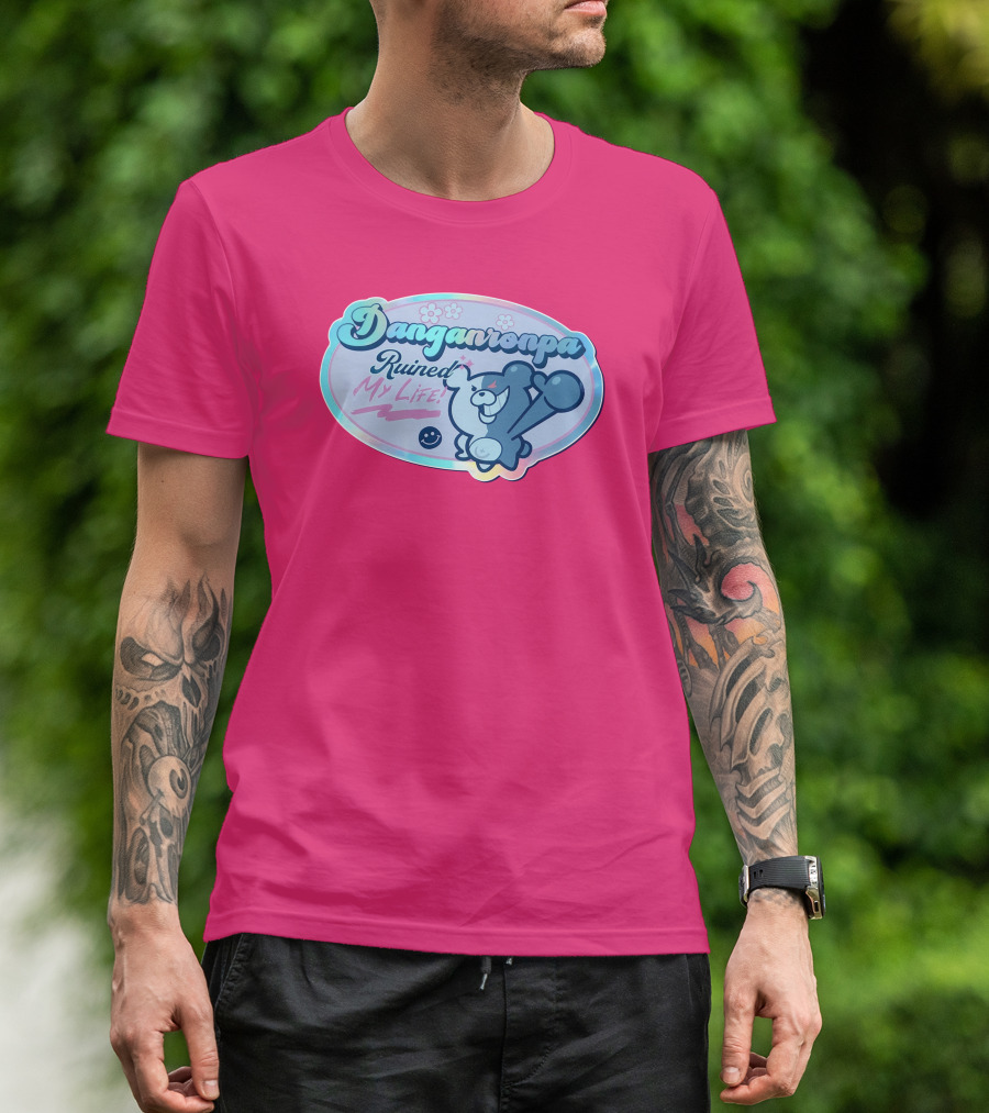 Danganronpa Ruined My Life Monokuma Smiley Pink Flowers T-Shirt