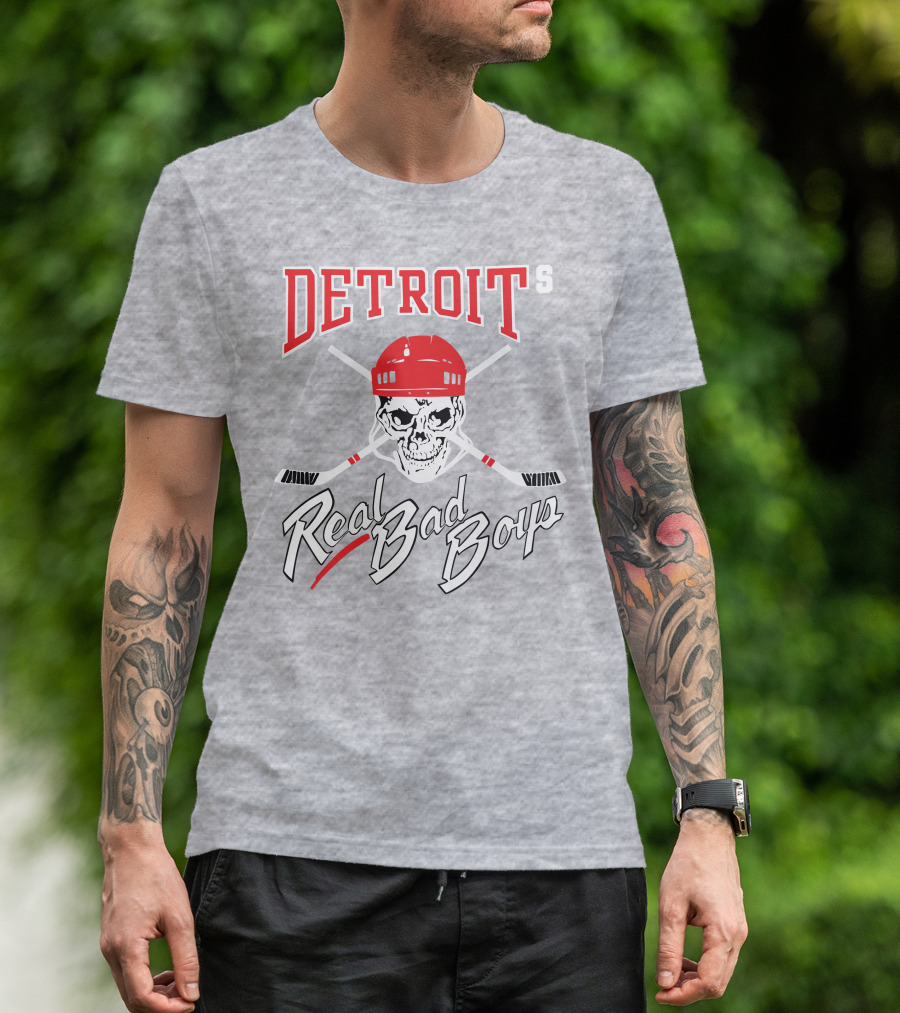 Detroit Real Bad Boys Skull With Hockey Helmet And Crossed Sticks T-Shirt