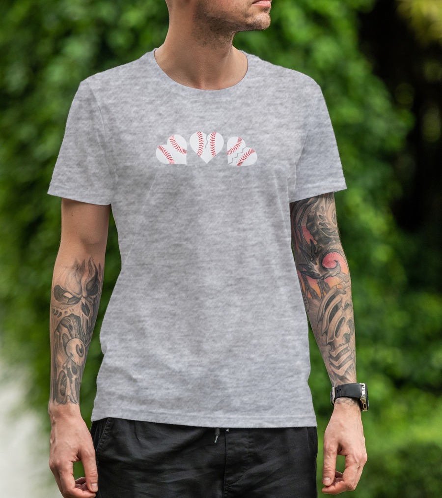 The Three Baseball Hearts Pattern Red Stitching T-Shirt