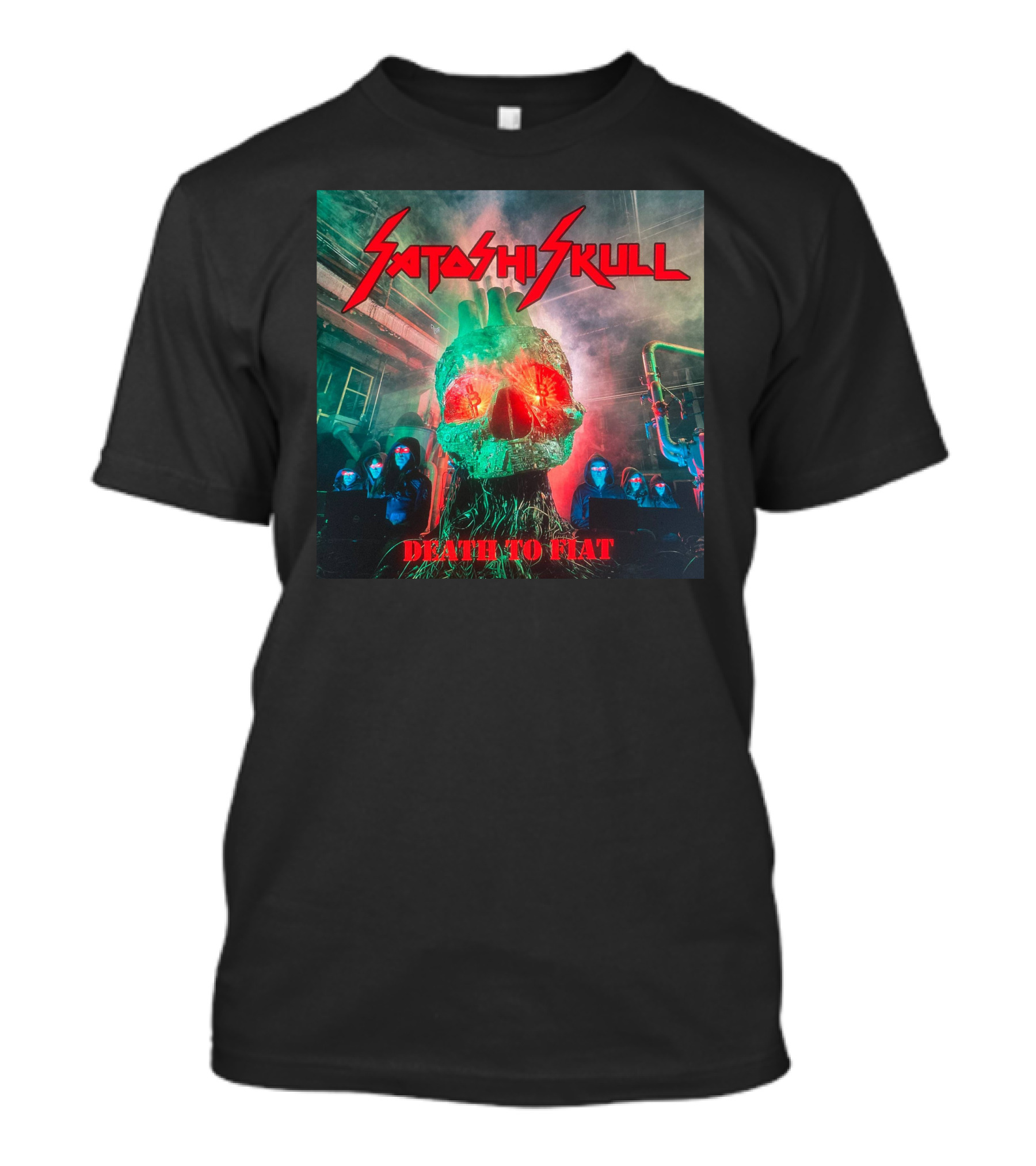 Satashi Skull Death To Fiat Electric Neon Skull With Hooded Figures T-Shirt