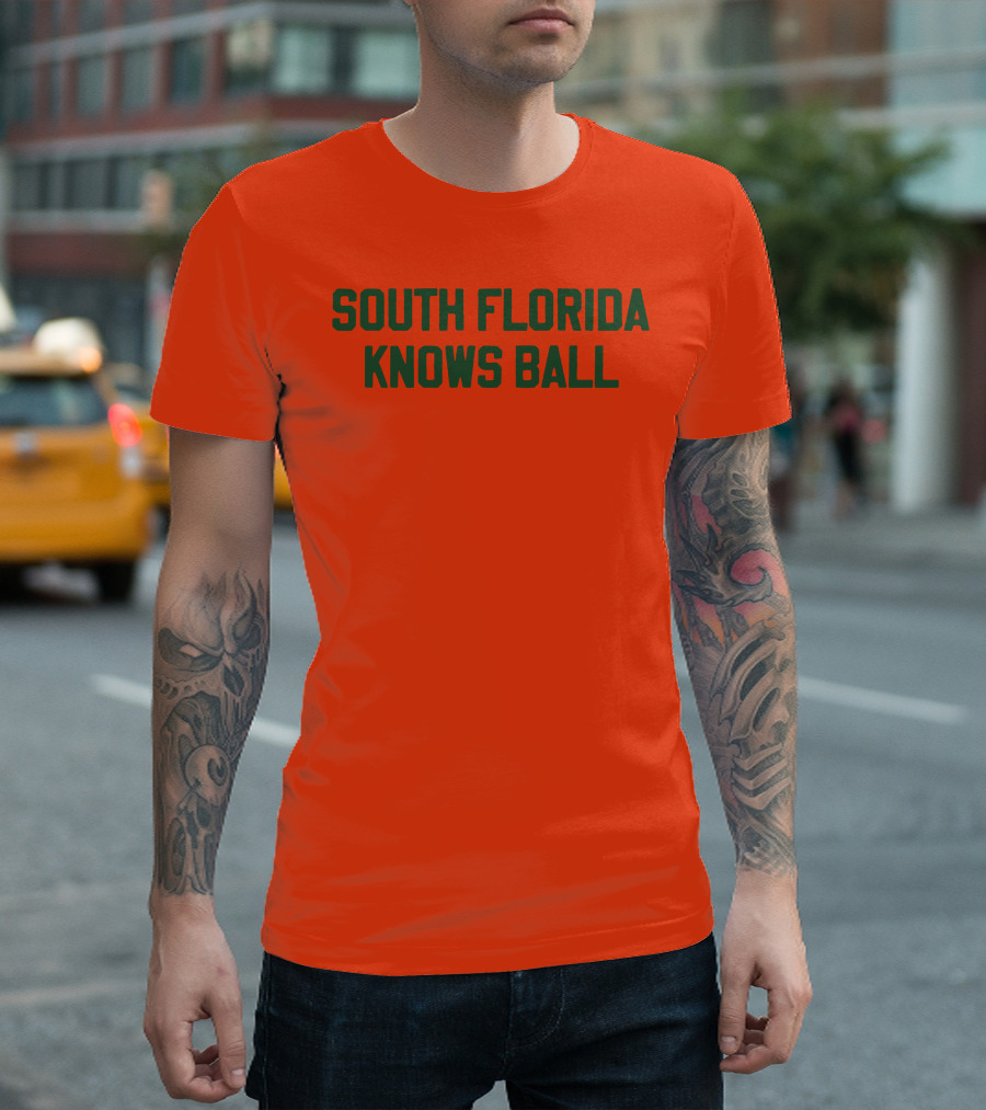 South Florida Knows Ball Bold Green Text on Orange T-Shirt