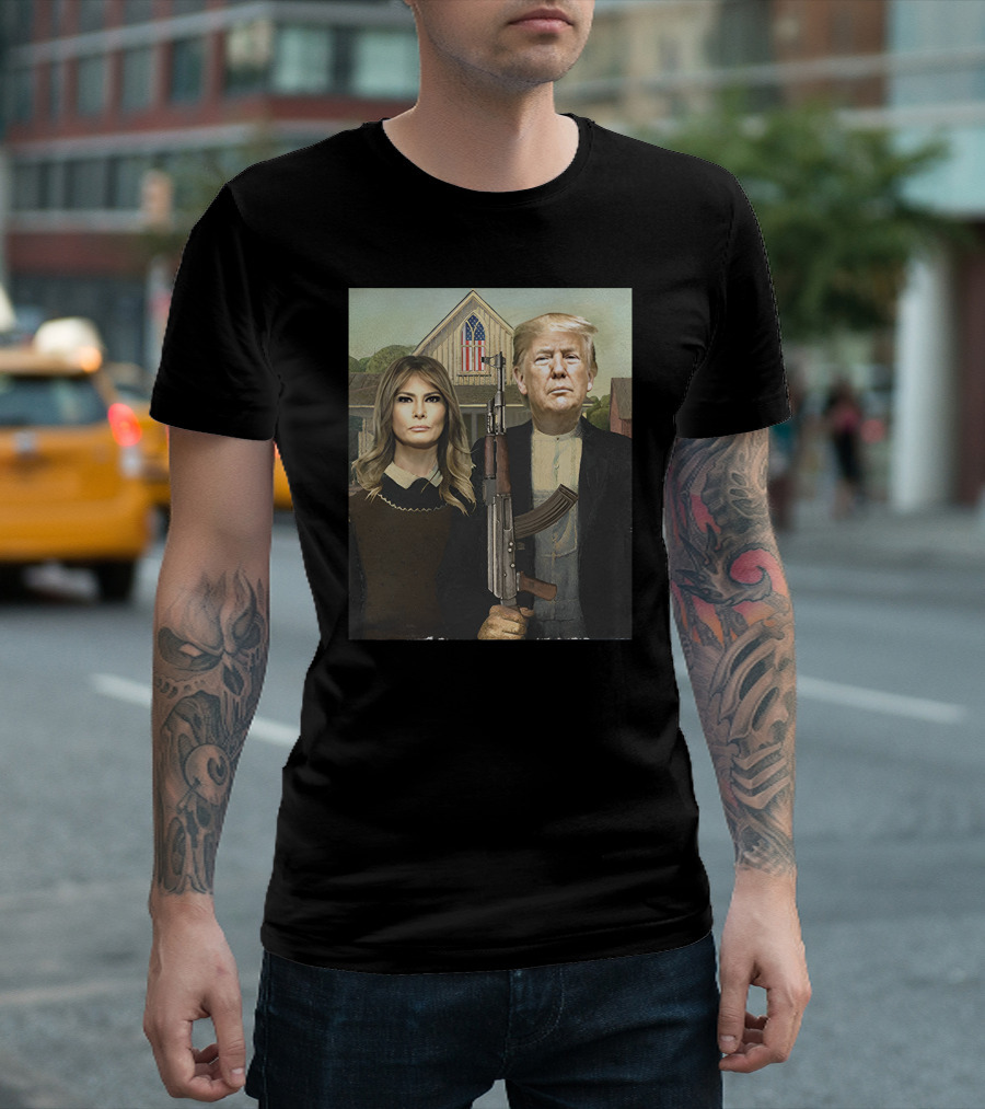 Save America Trump Melania American Gothic Rifle USA Flag T-Shirt