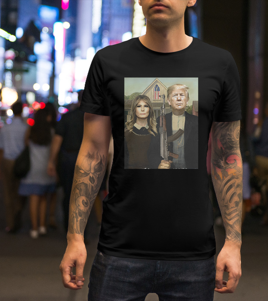 Save America Trump Melania American Gothic Rifle USA Flag T-Shirt