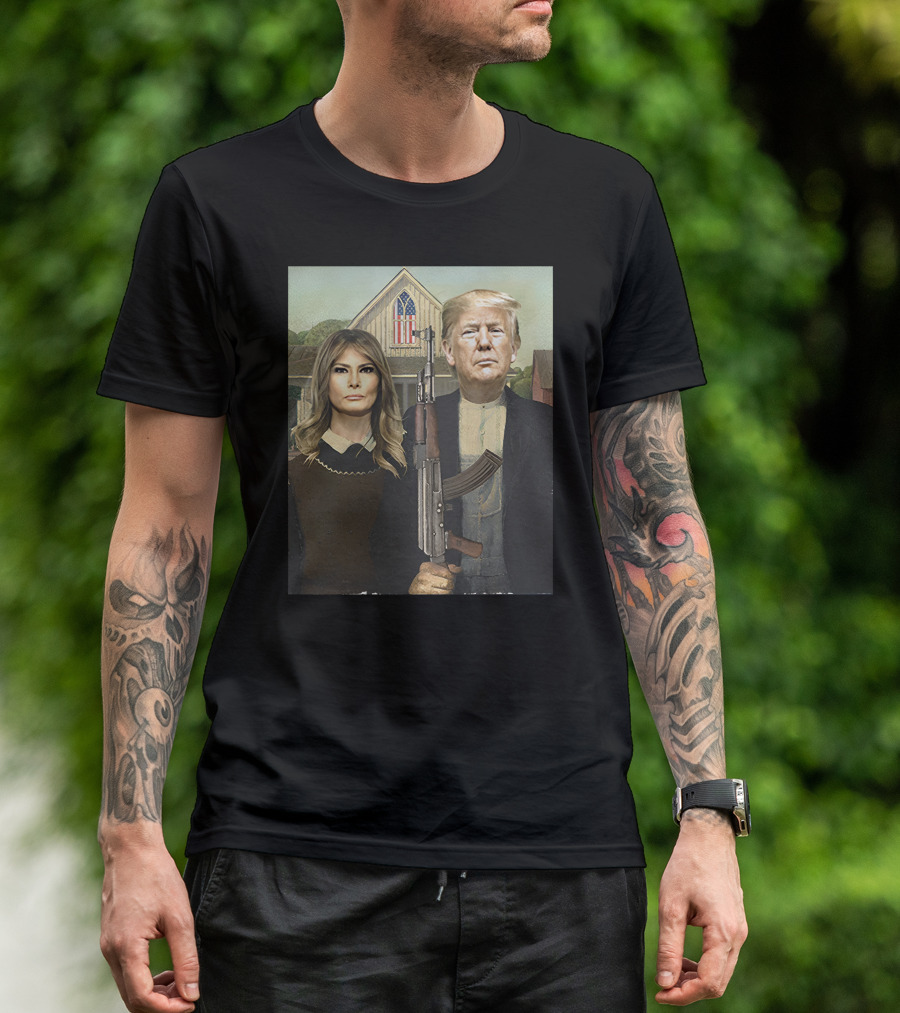 Save America Trump Melania American Gothic Rifle USA Flag T-Shirt