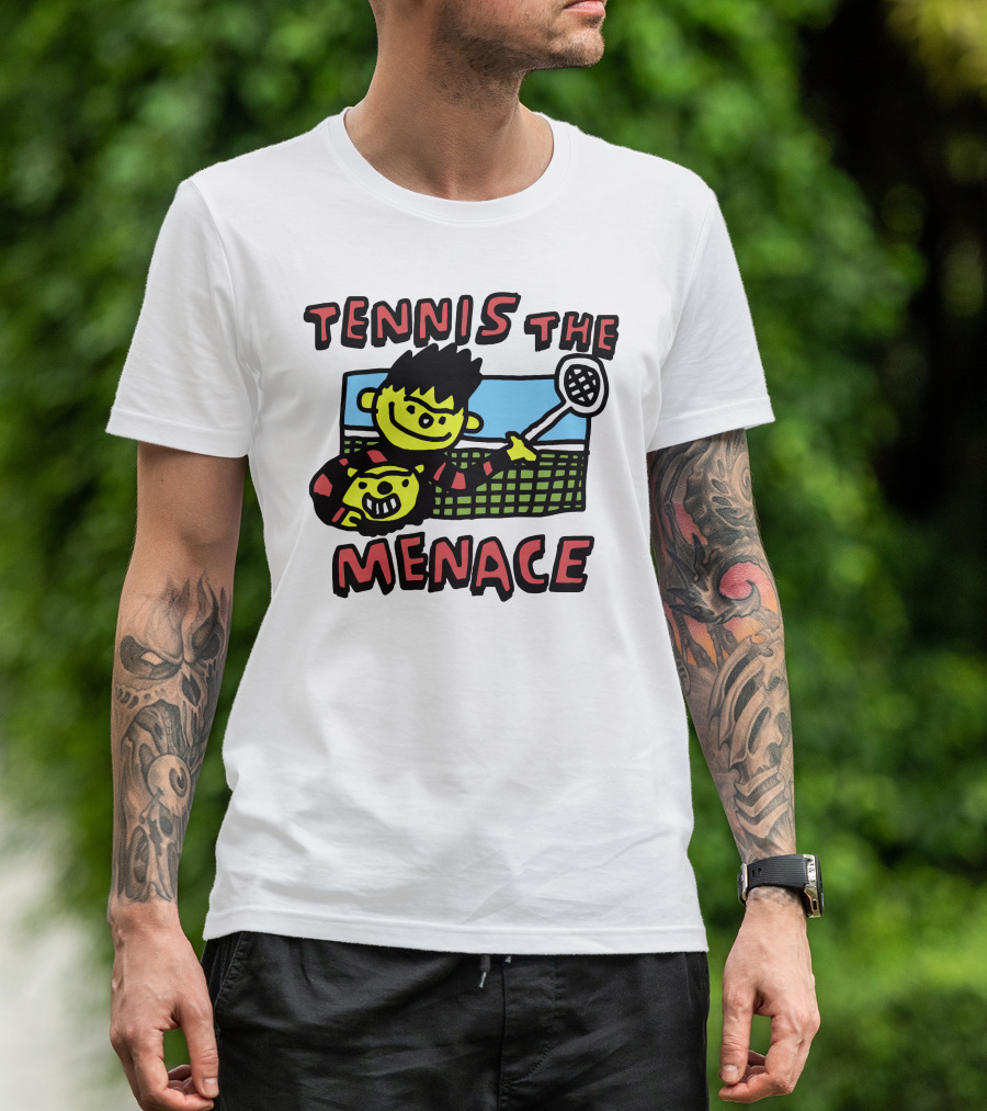 Tennis The Menace Comic Style Tennis Player With Racket T-Shirt