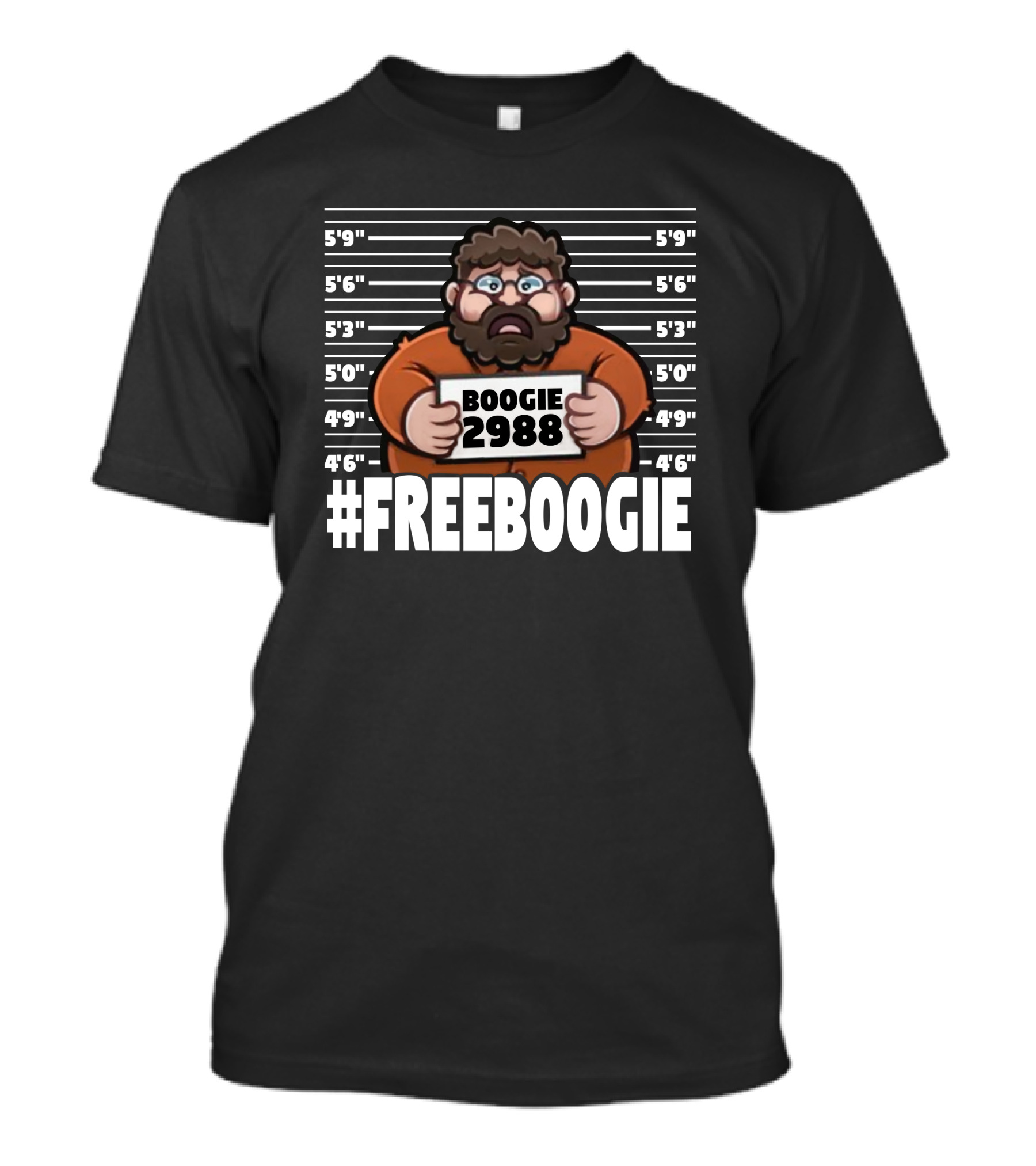Boogie2988 Mugshot Cartoon With #Freeboogie Text And Height Chart T-Shirt