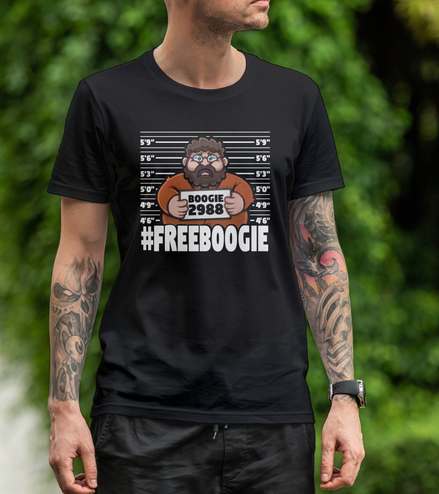 Boogie2988 Mugshot Cartoon With #Freeboogie Text And Height Chart T-Shirt
