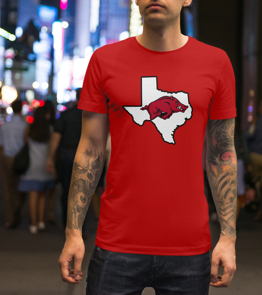 Arkansas Razorbacks Strong Hog Over Texas Map T-Shirt