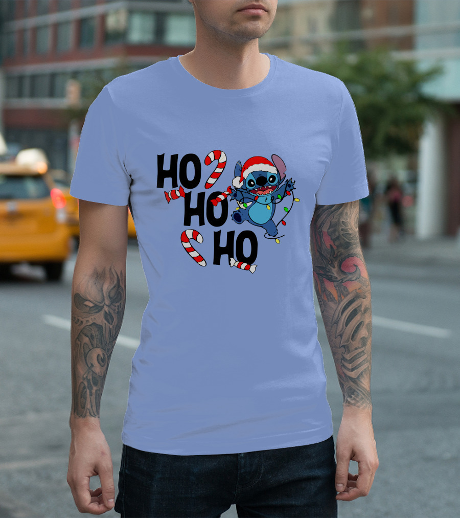 Stitch Ho Ho Ho Christmas Lights And Candy Canes T-Shirt