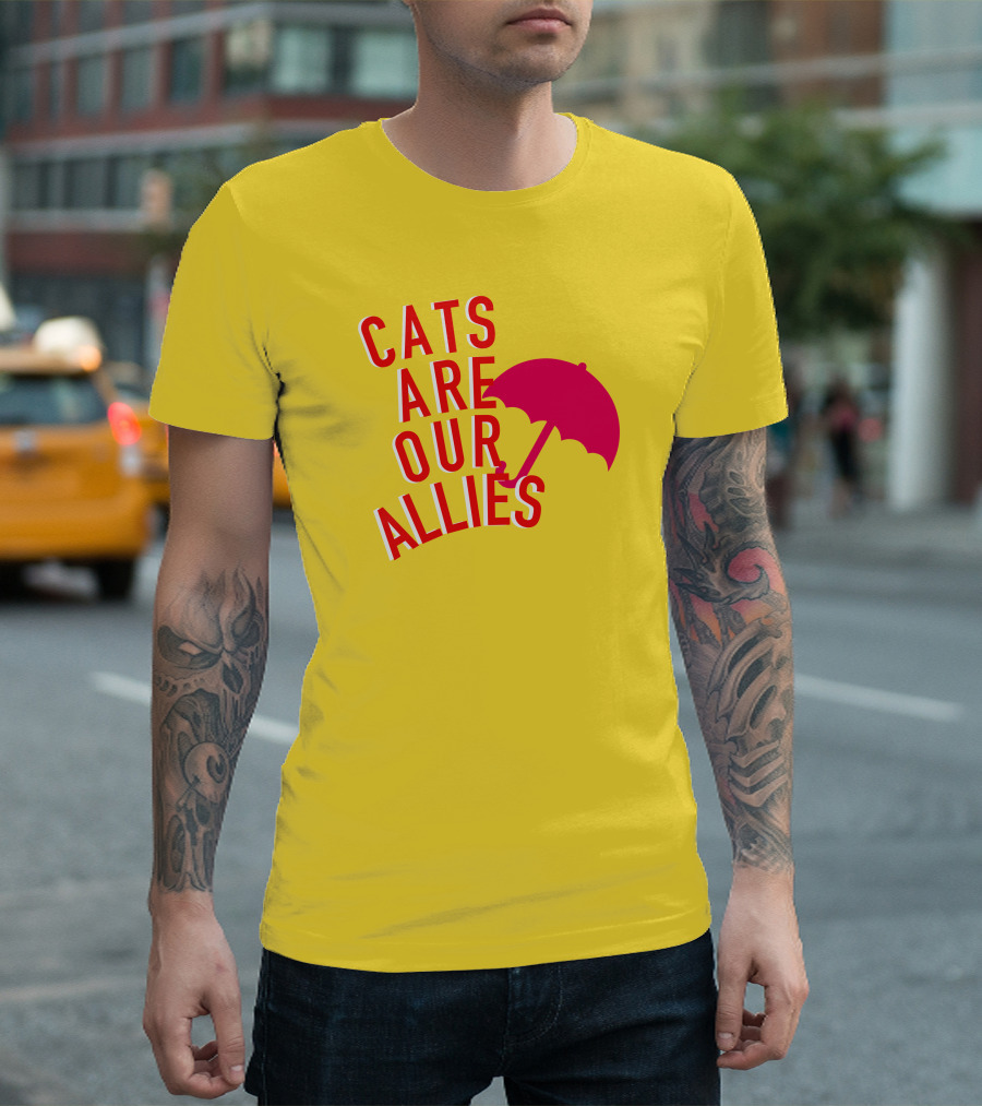 Jortsthecat Cats Are Our Allies Red Umbrella Yellow Background T-Shirt