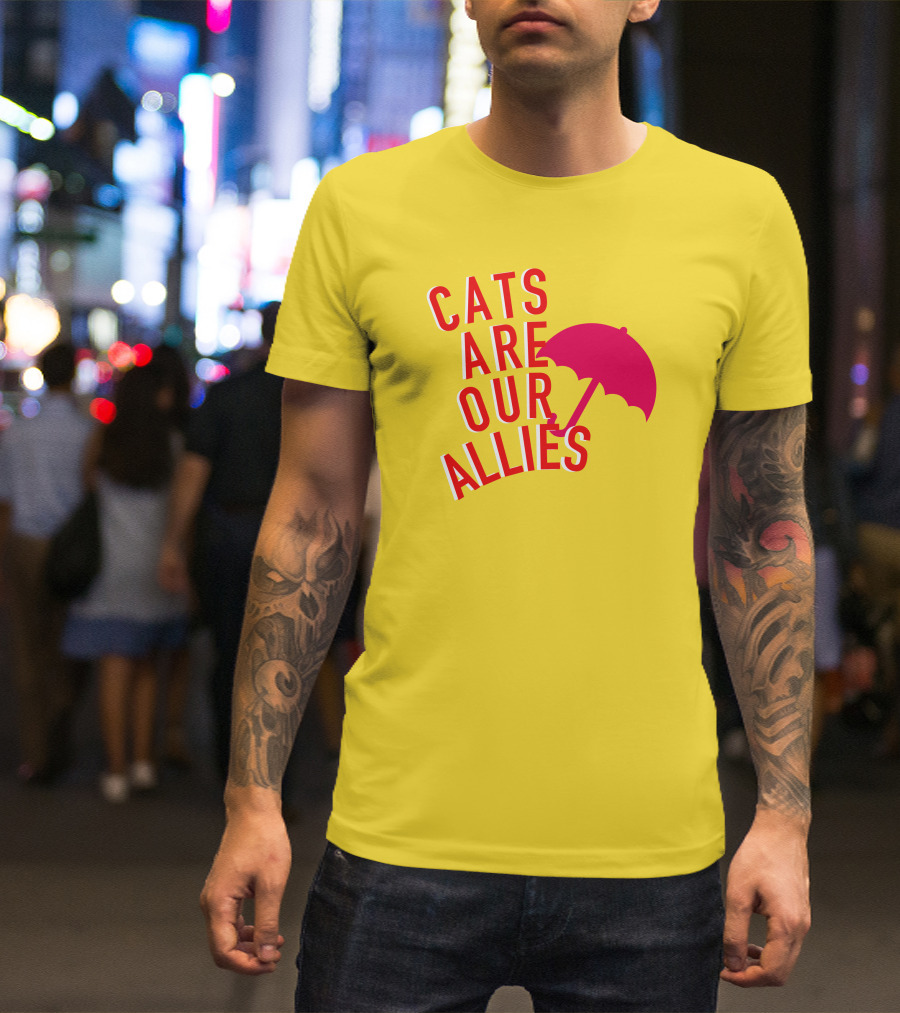 Jortsthecat Cats Are Our Allies Red Umbrella Yellow Background T-Shirt