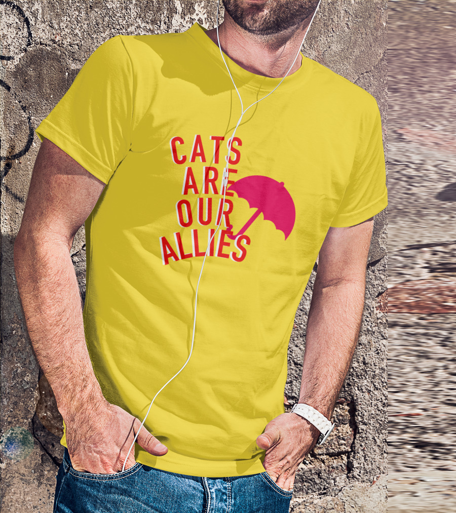 Jortsthecat Cats Are Our Allies Red Umbrella Yellow Background T-Shirt
