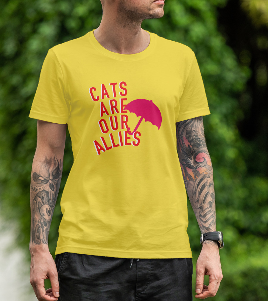 Jortsthecat Cats Are Our Allies Red Umbrella Yellow Background T-Shirt