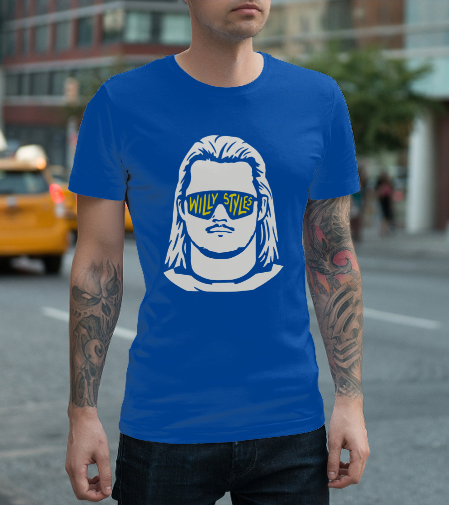 Willy Styles Sunglasses Graphic Blue Background T-Shirt