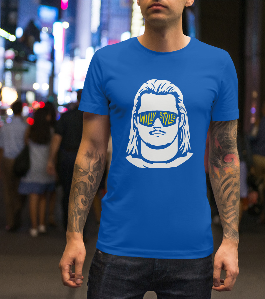 Willy Styles Sunglasses Graphic Blue Background T-Shirt