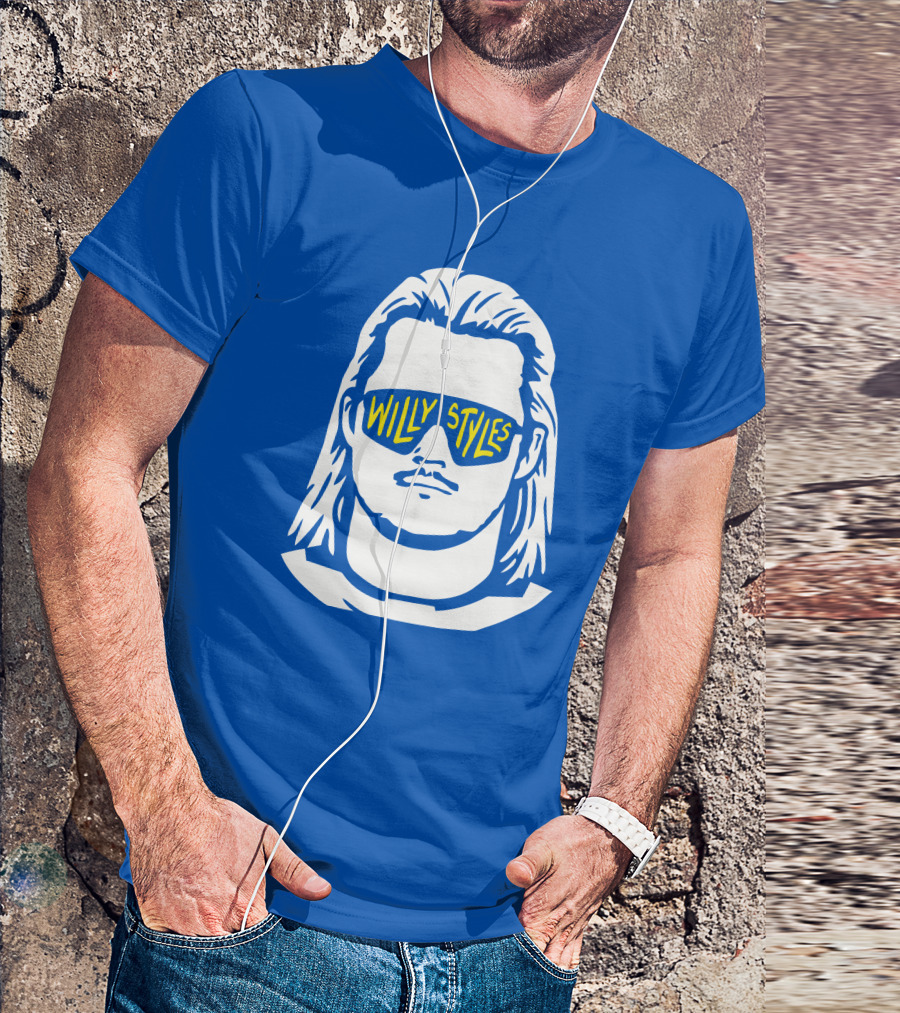 Willy Styles Sunglasses Graphic Blue Background T-Shirt