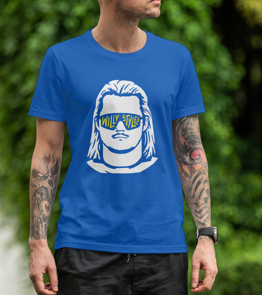 Willy Styles Sunglasses Graphic Blue Background T-Shirt