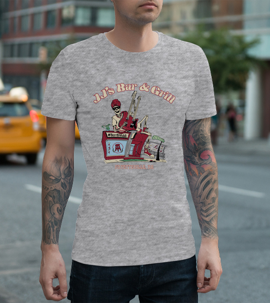 JJ's Bar And Grill Fayetteville AR Best Barstools Skeleton Playing Guitar T-Shirt