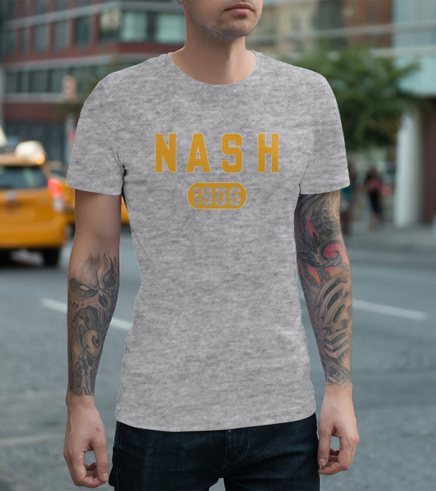 Nash 1806 Retro Varsity Style Yellow Text on Gray Background T-Shirt