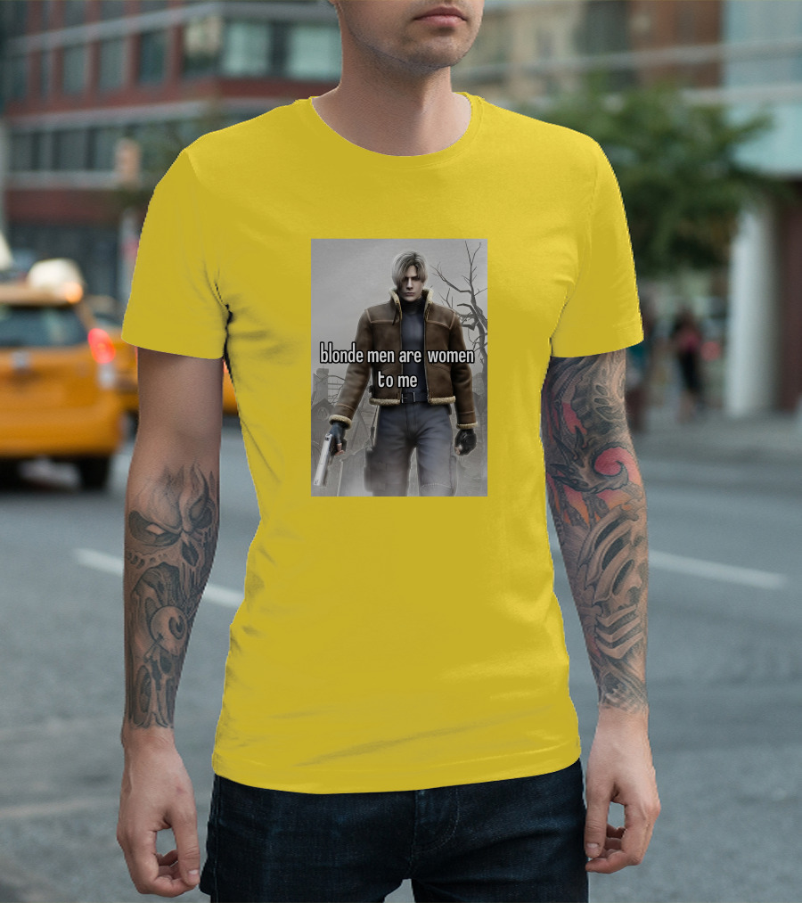 Blonde Men Are Women To Me Resident Video Game Character Brown Jacket Gun T-Shirt