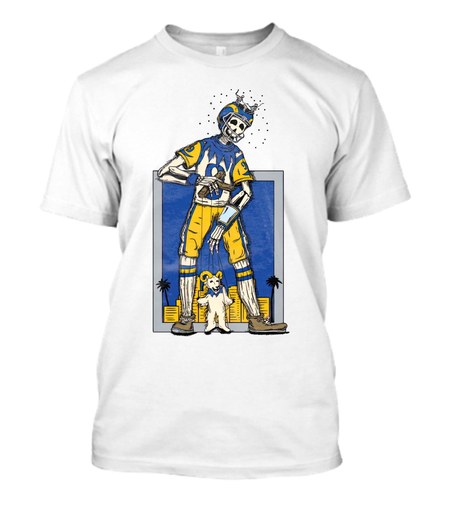 LA Skeleton Football Player Blue Gold Dog Helmet Cityscape T-Shirt