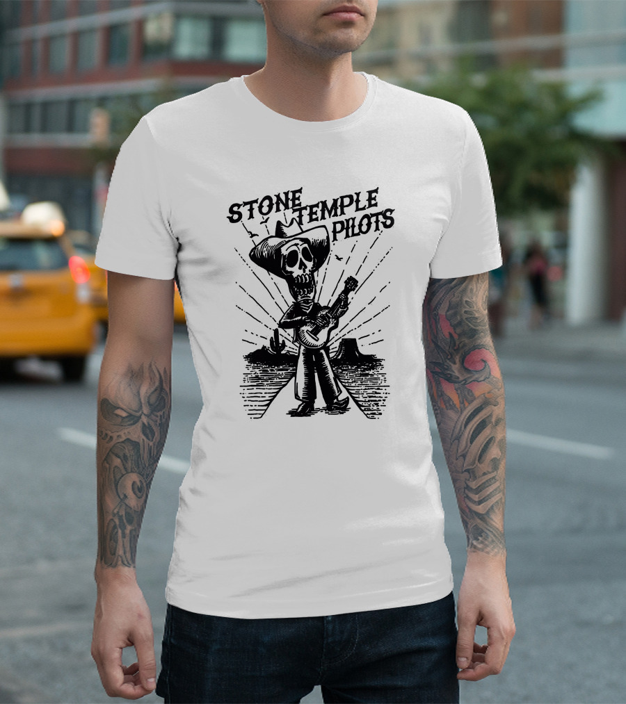 STONE TEMPLE PILOTS Skeleton Cowboy Playing Guitar Desert Scene T-Shirt