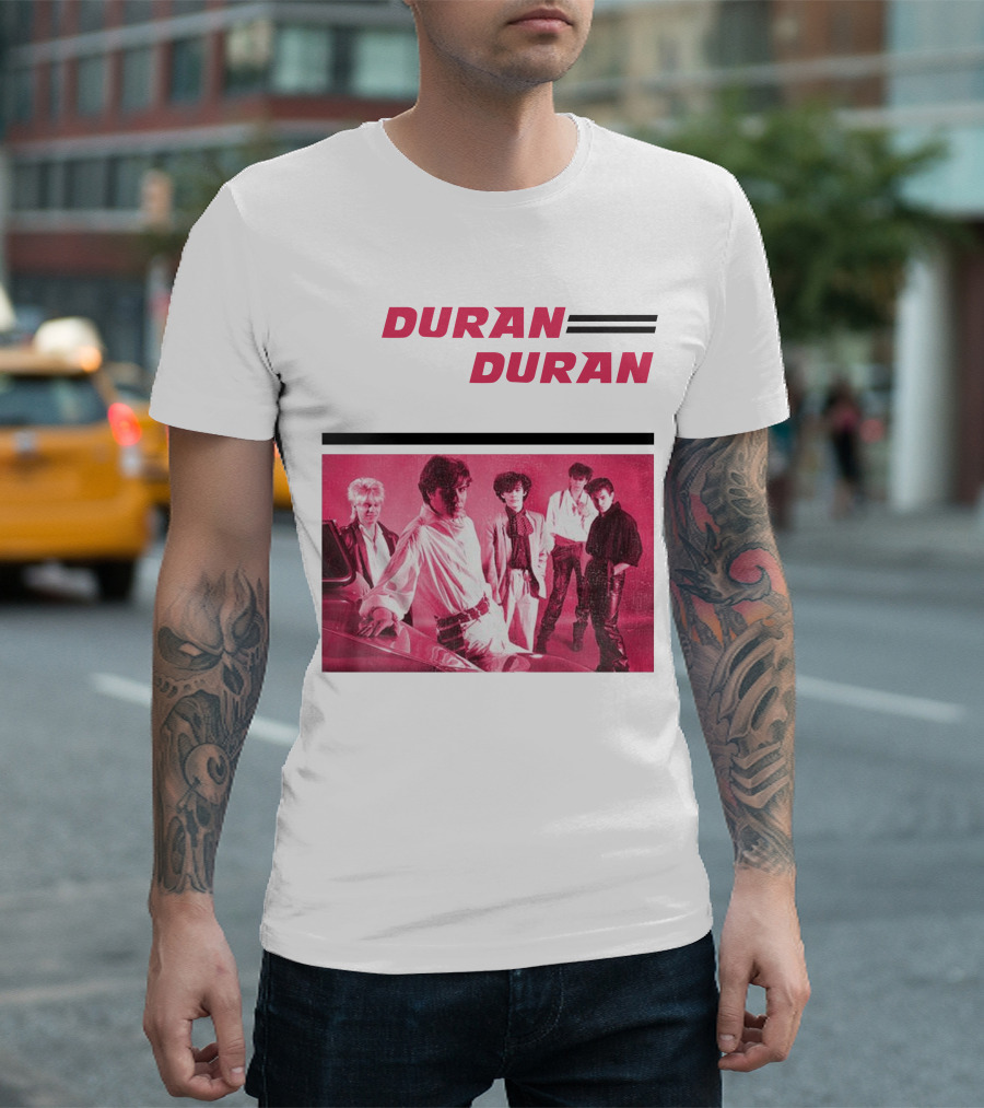 Duran Duran Band Photo with Stylized Logo and Pink Tone T-Shirt