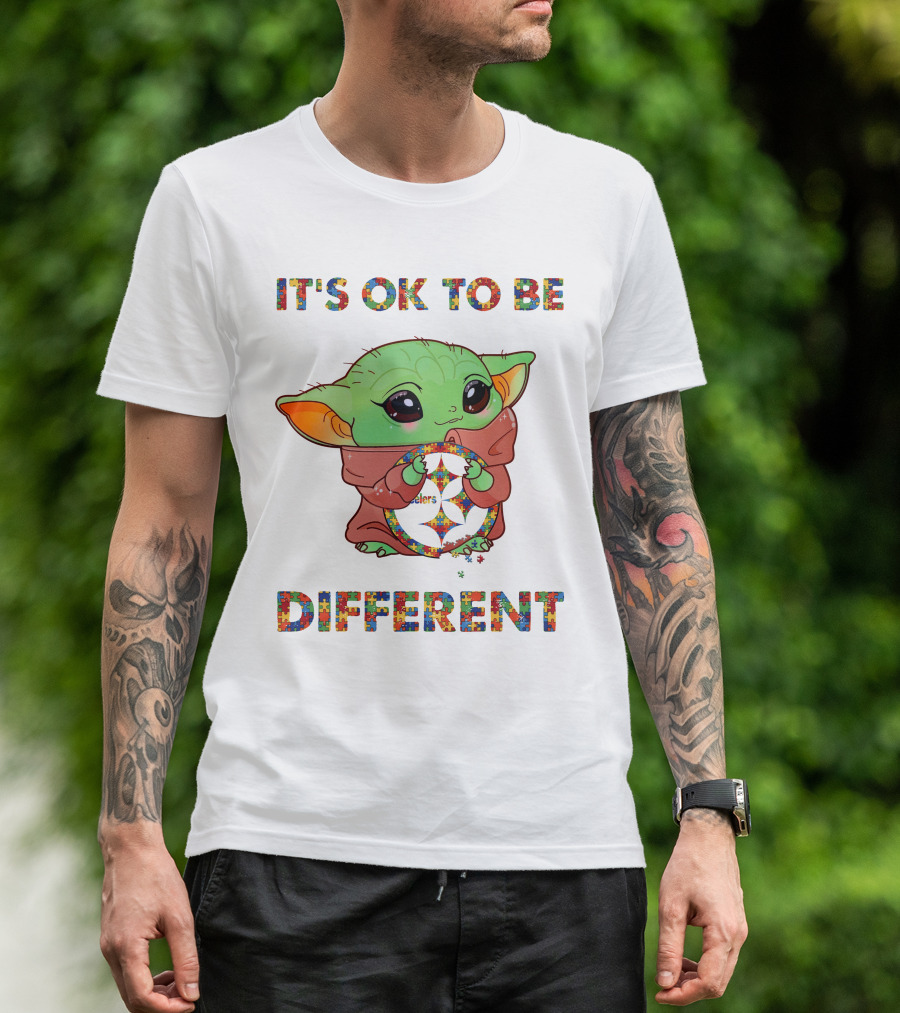 It's Ok To Be Different Baby Yoda Holding Pittsburgh Steelers T-Shirt