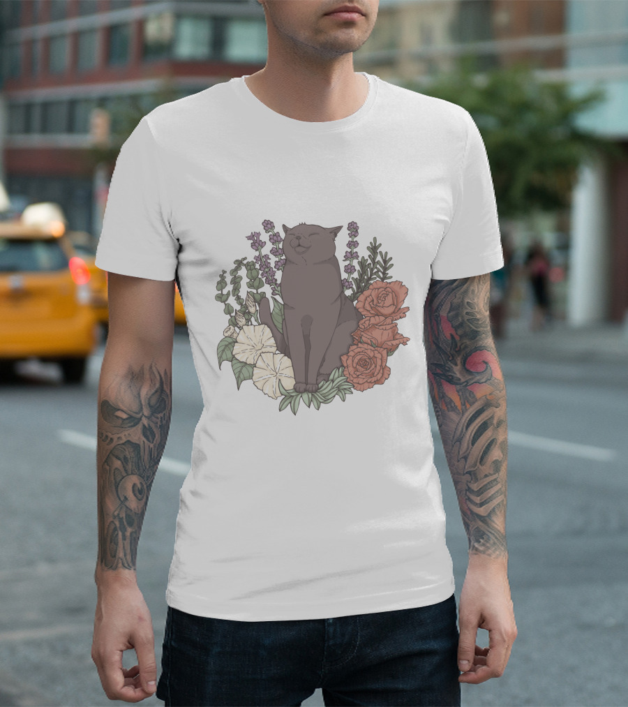 Blissful Cat Surrounded by Autumn Floral Breeze T-Shirt