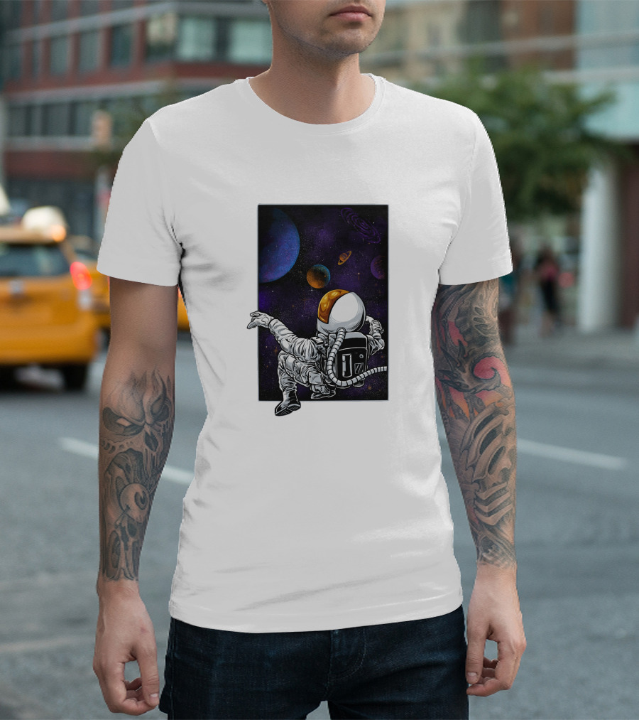 Khimyra Space Dimension Astronaut Planets Background T-Shirt