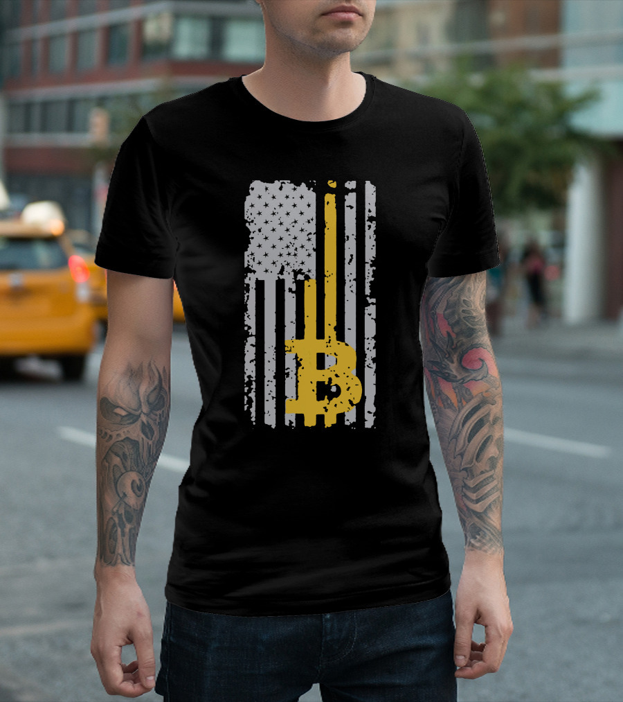 Bitcoin Logo on Distressed American Flag Background T-Shirt