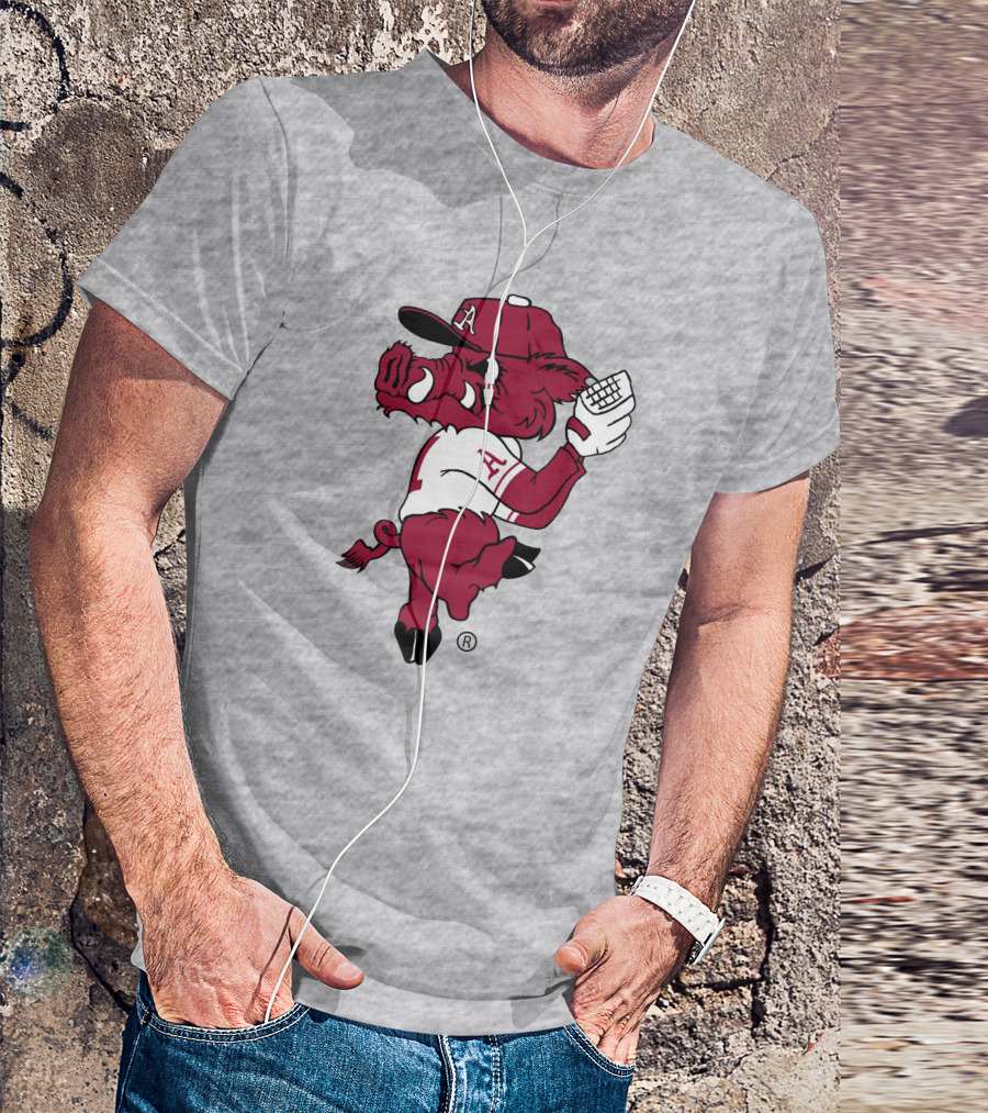 Razorbacks Pitching Ribby Baseball Cartoon Character T-Shirt
