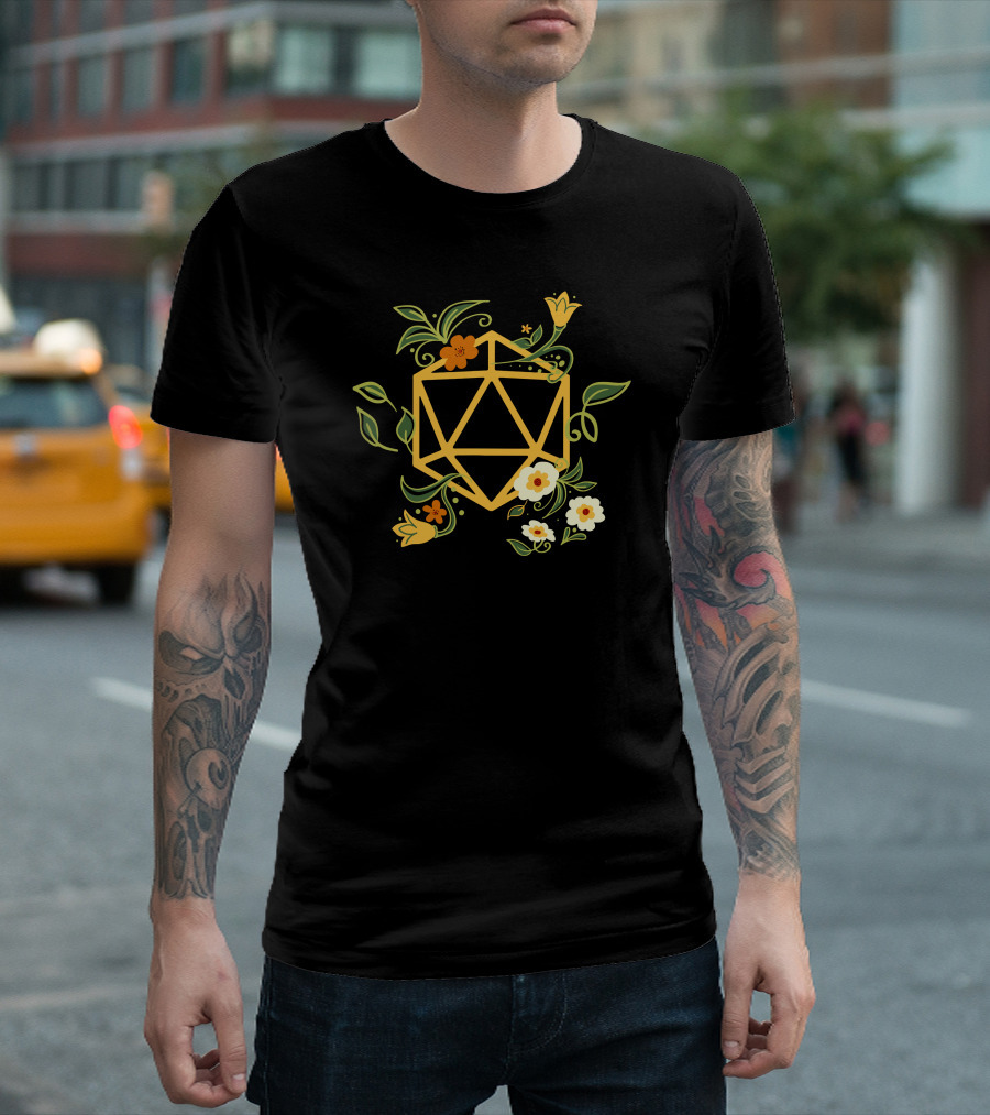 Geeky Polyhedral D20 Dice Set with Floral Plant Elements T-Shirt