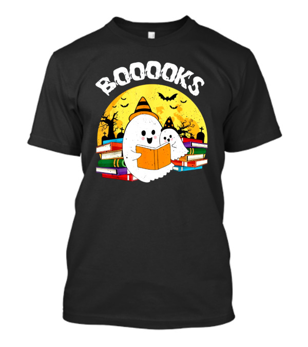 Booooks Ghost Reading Books Halloween Theme With Stacked Books And Bats T-Shirt