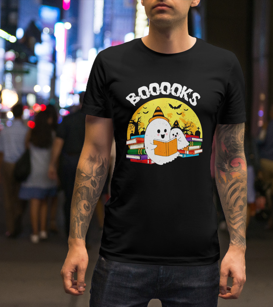 Booooks Ghost Reading Books Halloween Theme With Stacked Books And Bats T-Shirt