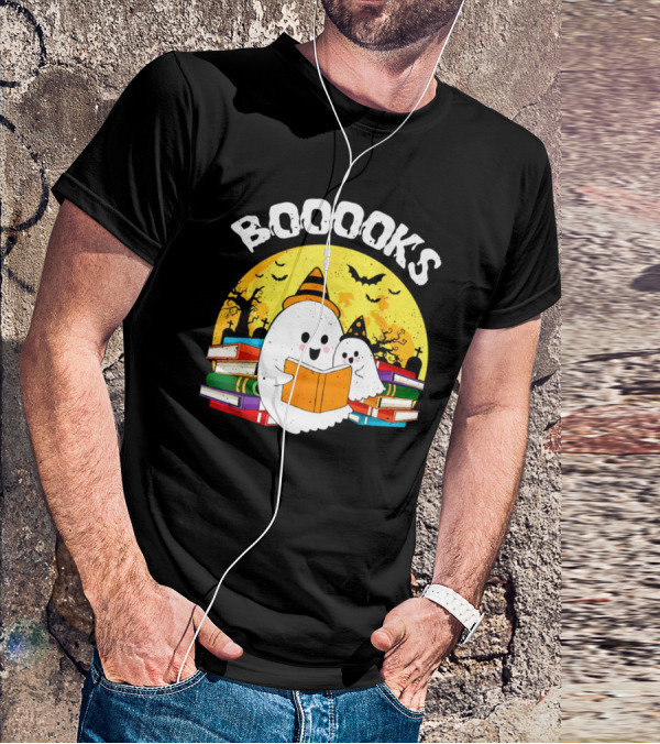 Booooks Ghost Reading Books Halloween Theme With Stacked Books And Bats T-Shirt