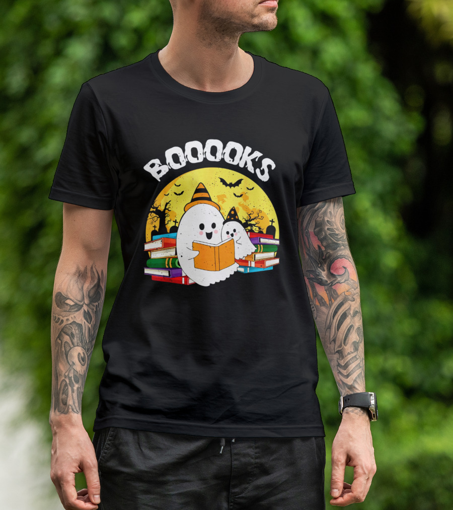 Booooks Ghost Reading Books Halloween Theme With Stacked Books And Bats T-Shirt