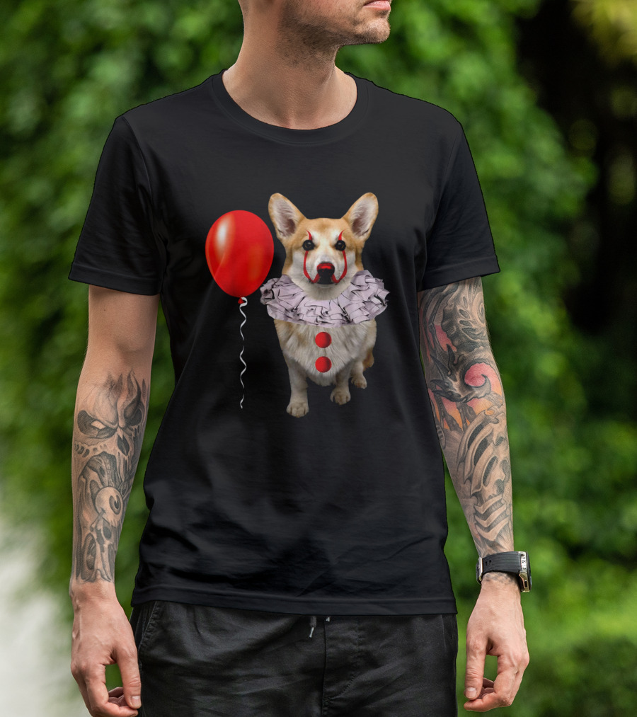 Red Balloon Corgi Scary Clown Funny Costume T-Shirt