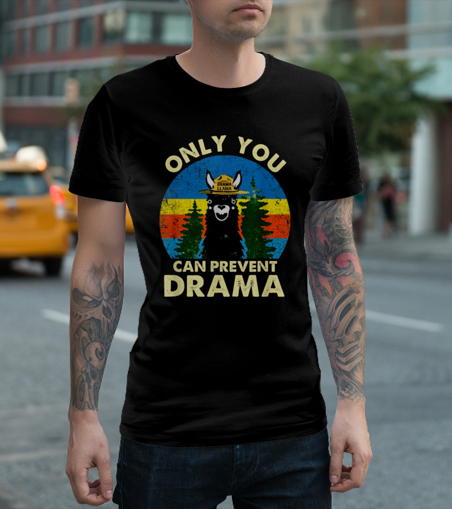 Only You Can Prevent Drama Llama Firefighter Hat Vintage Retro Forest Scene T-Shirt