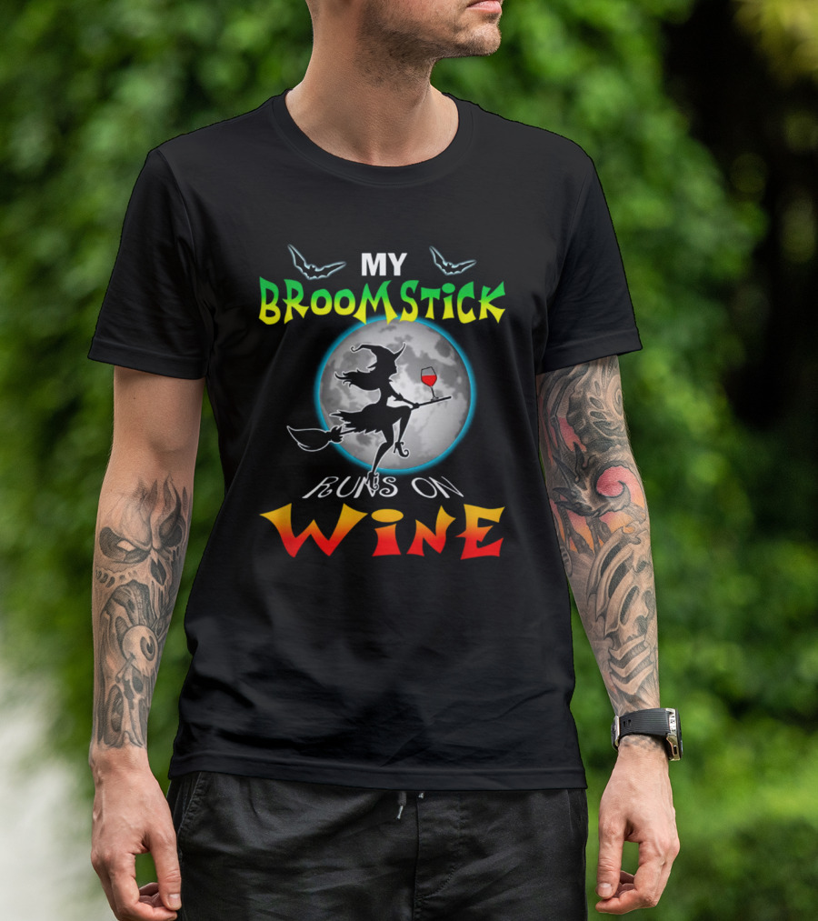 My Broomstick Runs On Wine Halloween Wine Lover Moon And Witch T-Shirt