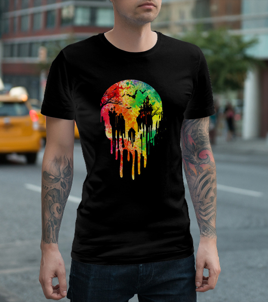 Melting Skull Colorful Night with Haunted Trees and Bats T-Shirt