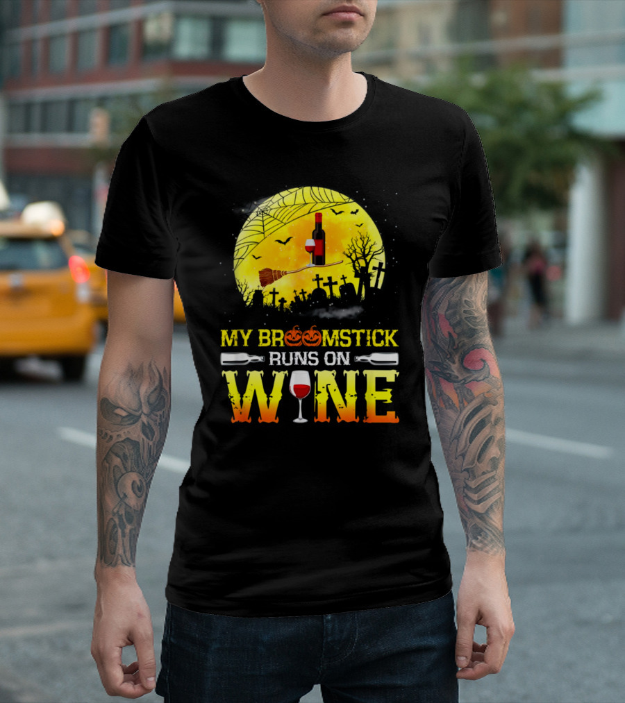 My Broomstick Runs On Wine Halloween Moon Pumpkins Graveyard Scene T-Shirt