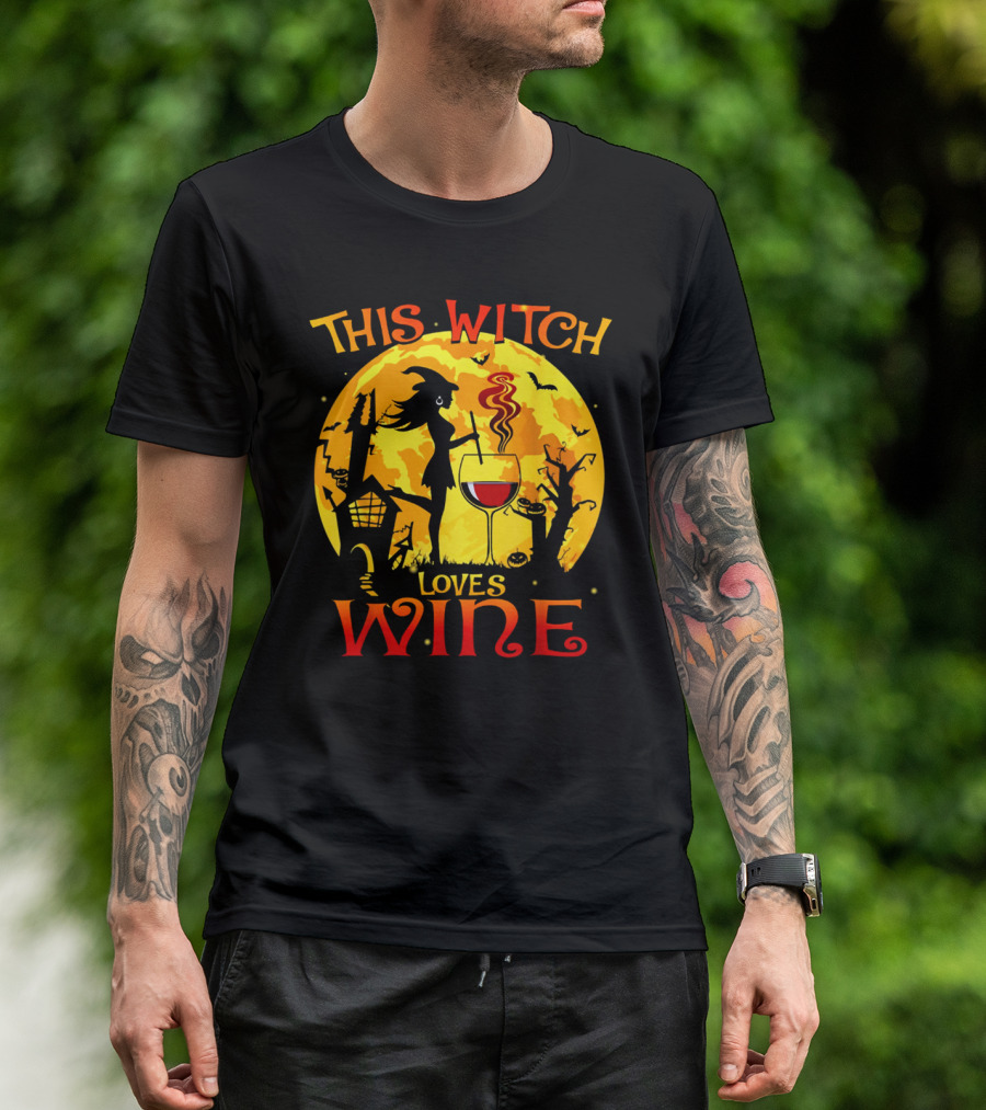 Witch Silhouette Enjoying Wine In Halloween Scene With Full Moon And Bats T-Shirt
