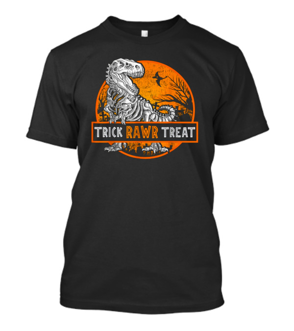 Trick Rawr Treat Halloween Skeleton T-Rex With Spooky Orange Background T-Shirt