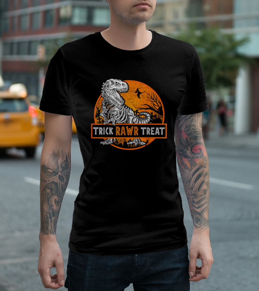 Trick Rawr Treat Halloween Skeleton T-Rex With Spooky Orange Background T-Shirt