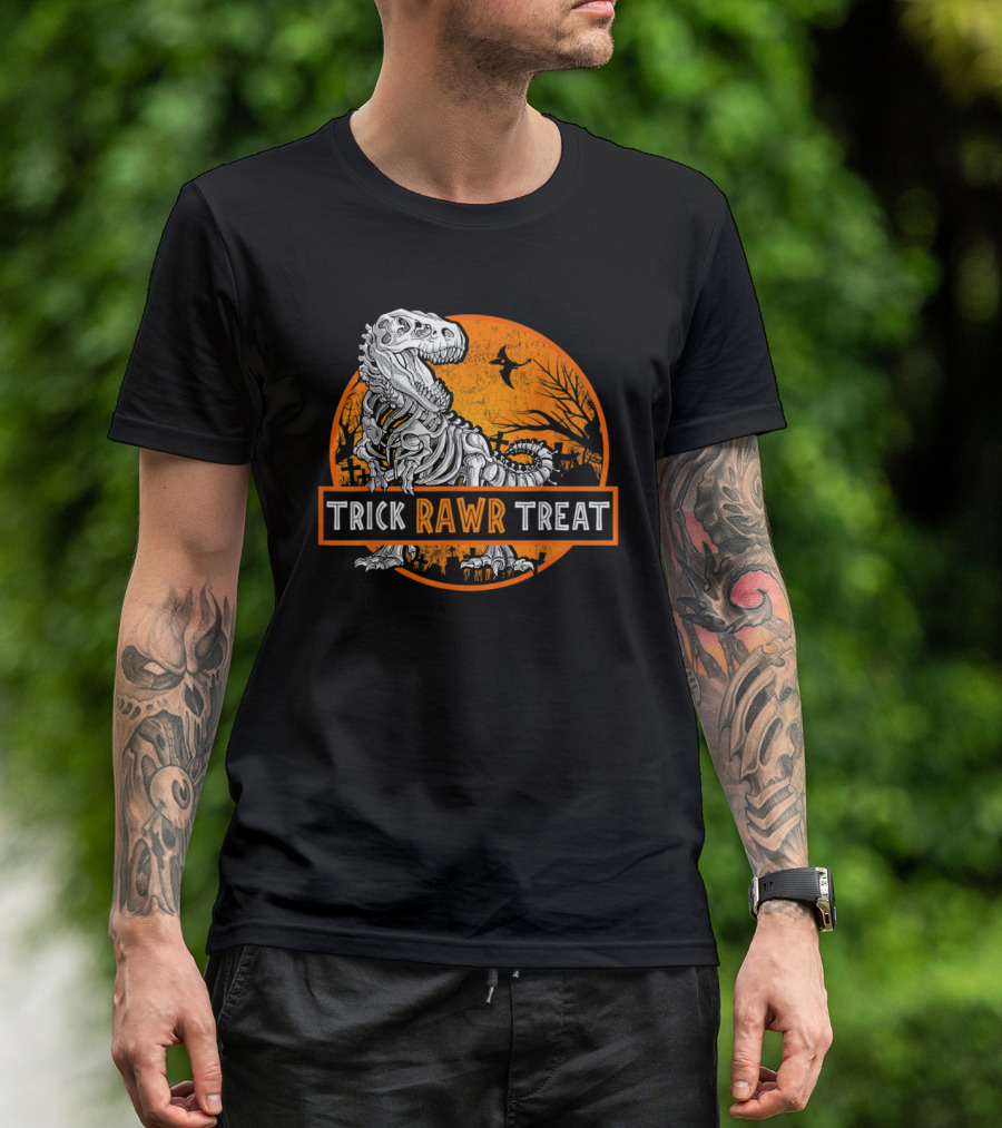 Trick Rawr Treat Halloween Skeleton T-Rex With Spooky Orange Background T-Shirt