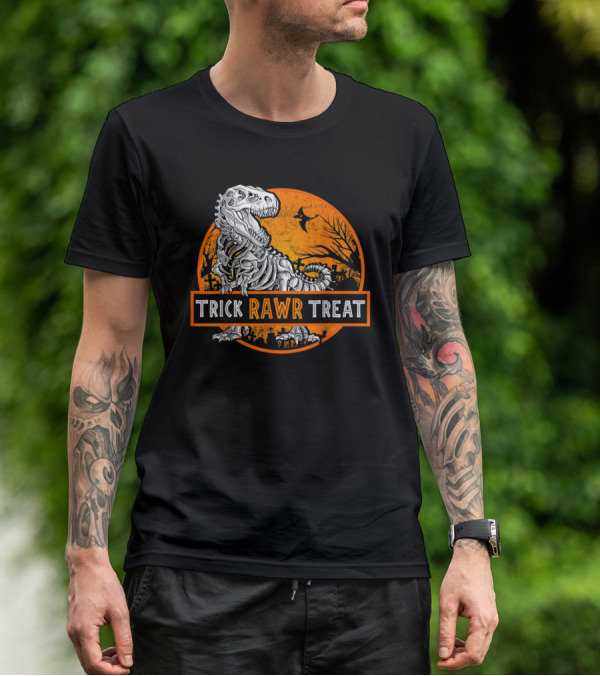Trick Rawr Treat Halloween Skeleton T-Rex With Spooky Orange Background T-Shirt