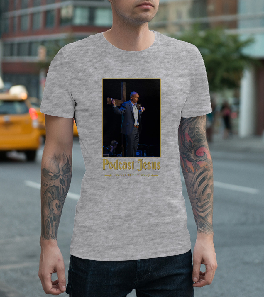 Podcast Jesus Services Held Thrice Weekly Speaker with Cross Image T-Shirt